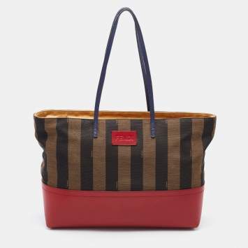 Pre Owned Fendi Tobacco/Red Pequin Striped Canvas and Leather Roll Shopper Tote