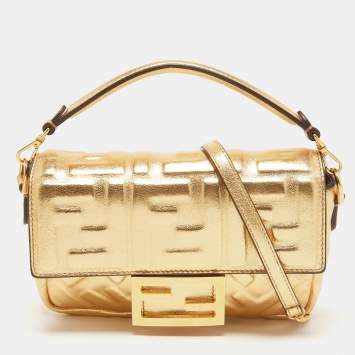 Pre Owned Fendi Gold FF Leather Mini Baguette Bag