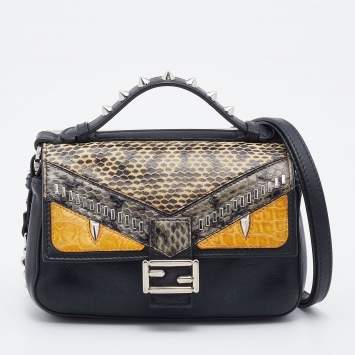 Pre Owned Fendi Multicolor Leather and Watersnake Leather Monster Micro Double Baguette Bag
