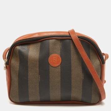 Pre Owned Fendi Brown Pequin Stripe Coated Canvas and Leather Crossbody Bag