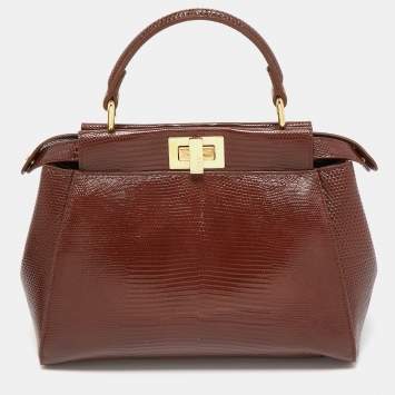 Pre Owned Fendi Brown Lizard Mini Peekaboo Top Handle Bag