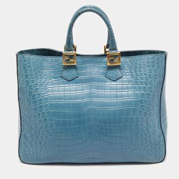 Pre Owned Fendi Blue Crocodile Twins Shopper Tote