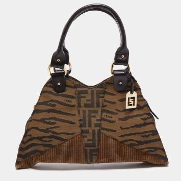 Pre Owned Fendi Brown Zucca/Tiger Print Canvas and Corduroy Devil Trapezio Shoulder Bag