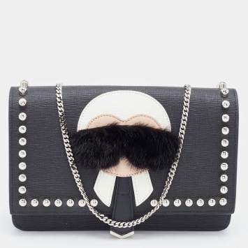 Pre Owned Fendi Black Leather Karlito Wallet on Chain 