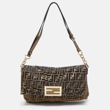 Pre Owned Fendi Gold/Silver Zucca Shimmering Canvas Large Mia Flap Shoulder Bag