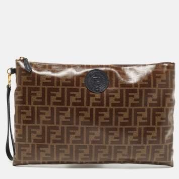 Pre Owned Fendi Brown Coated Canvas FFreedom Flat Pouch Bag