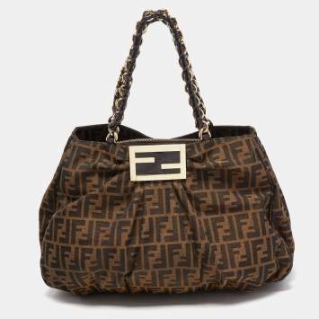Pre Owned Fendi Tobacco Zucca Canvas and Patent Leather Large Mia Hobo