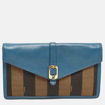 Pre Owned Fendi Dark Blue/Tobacco Pequin Canvas and Leather Bustina Clutch