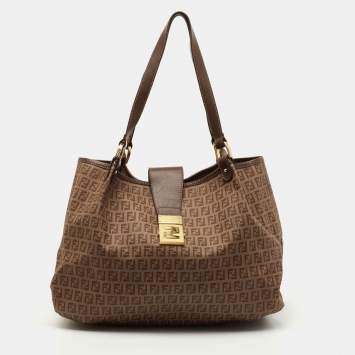 Pre Owned Fendi Brown Zucchino Coated Canvas Chiusura Tote