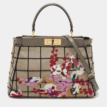 Pre Owned Fendi Printed Canvas and Leather Medium Beads Embroidered Peekaboo Top Handle Bag