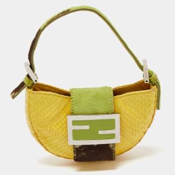 Pre Owned Fendi Yellow/Green Python And Calf Hair Mini Croissant Pochette