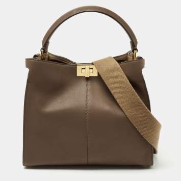 Pre Owned Fendi Dark Brown Leather Medium Peekaboo X Lite Top Handle Bag