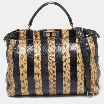 Pre Owned Fendi Beige/Black Python Leather Large Peekaboo Top Handle Bag