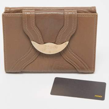 Pre Owned Fendi Dark Beige Leather Compact Flap Wallet