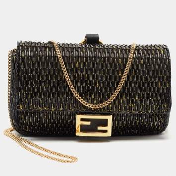 Pre Owned Fendi Black/Gold Beaded Nano Baguette Crossbody Bag