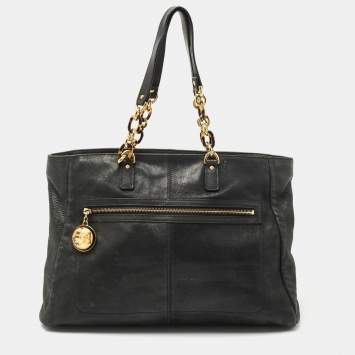 Pre Owned Fendi Black Shimmer Suede Front Zip Chain Tote