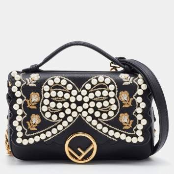 Pre Owned Fendi Black Embellished Leather Micro Double Baguette Bag