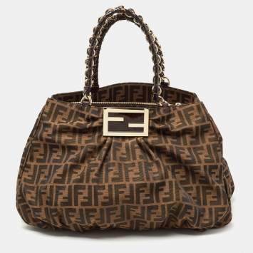 Pre Owned Fendi Tobacco Zucca Canvas and Patent Leather Large Mia Hobo