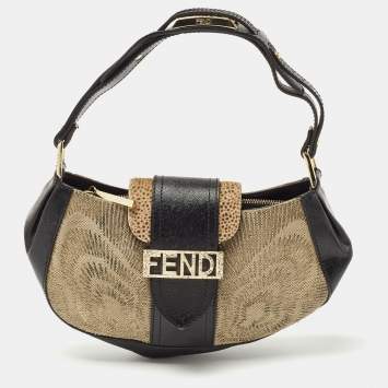 Pre Owned Fendi Black/Beige Leather and Canvas Logo Shoulder Bag