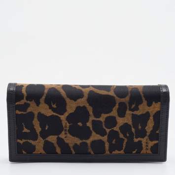 Pre Owned Fendi Brown/Black Leopard Print Canvas and Leather Continental Wallet