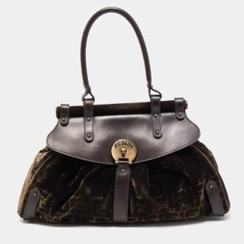 Pre Owned Fendi Brown/Green Zucca Velvet and Leather Medium Magic Shoulder Bag
