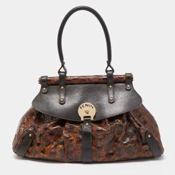 Pre Owned Fendi Brown Tortoise Embossed Leather Medium Magic Top Handle Bag