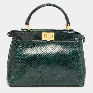 Pre Owned Fendi Green/Black Python Mini Peekaboo Top Handle Bag