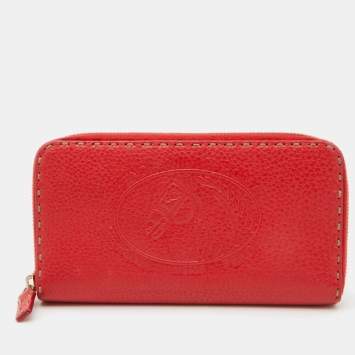 Pre Owned Fendi Red Selleria Leather Logo Zip Around Wallet