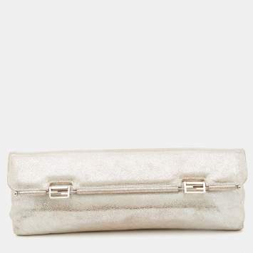 Pre Owned Fendi Sliver Shimmering Leather Flap Clutch