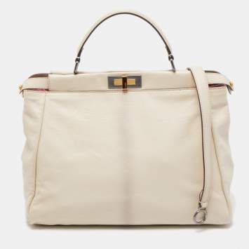 Pre Owned Fendi Cream Leather Large Peekaboo Top Handle Bag
