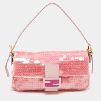 Pre Owned Fendi Pink Sequin Embellished Satin And Watersnake Medium Baguette Bag