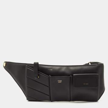 Pre Owned Fendi Black Leather and Mesh 3 Pockets Belt Bag