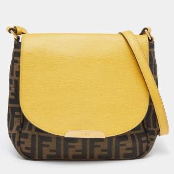 Pre Owned Fendi Yellow/Tobacco Zucca Canvas and Leather Flap Crossbody Bag