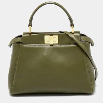 Pre Owned Fendi Olive Green Leather Mini Peekaboo Top Handle Bag