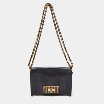 Pre Owned Fendi Black Pequin Embossed Leather Small Claudia Flap Bag