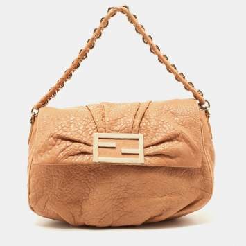 Pre Owned Fendi Peach Textured Leather Mia Flap Shoulder Bag