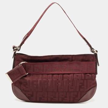 Pre Owned Fendi Burgundy Zucca Fabric and Leather Pochette Bag