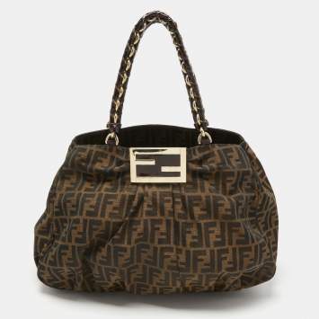 Pre Owned Fendi Tobacco Zucca Canvas and Patent Leather Mia Bag