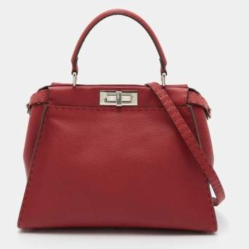 Pre Owned Fendi Red Selleria Leather Medium Peekaboo Top Handle Bag