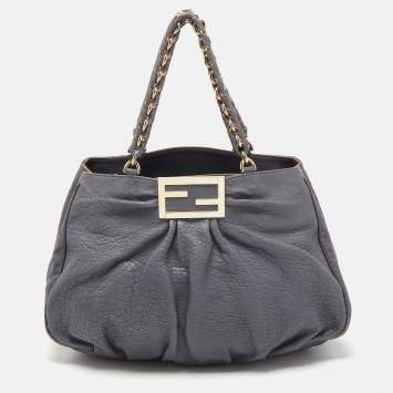 Pre Owned Fendi Light Blue Textured Leather Large Mia Hobo