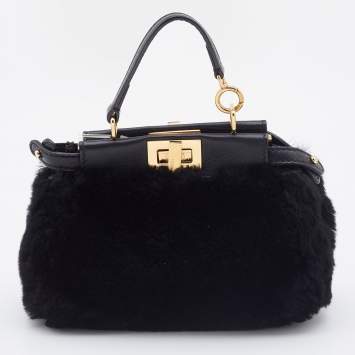 Pre Owned Fendi Black Shearling and Leather Micro Peekaboo Bag