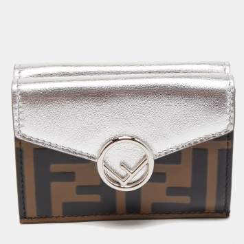 Pre Owned Fendi Silver/Tobacco Zucca Leather Micro F Trifold Wallet