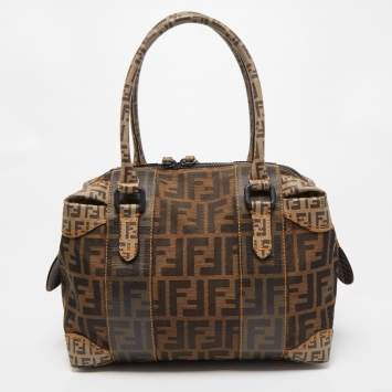Pre Owned Fendi Brown Zucca Canvas and Coated Canvas Boston Bag