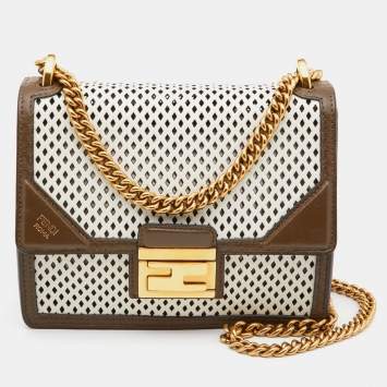 Pre Owned Fendi White/Olive Green Perforeted Leather Small Kan U Shoulder Bag