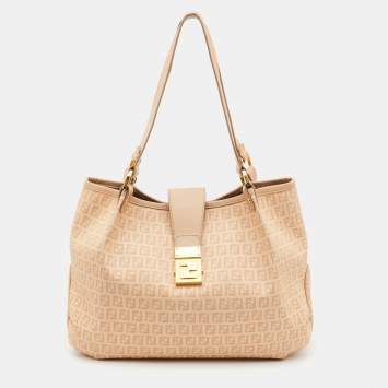 Pre Owned Fendi Beige Zucchino Coated Canvas and Leather Chiusura Hobo