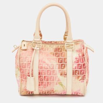 Pre Owned Fendi Beige/Red Printed Zucchino Fabric and Leather Small Forever Bauletto Bag