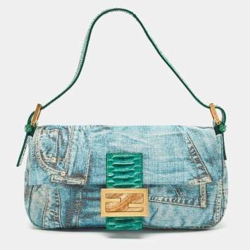 Pre Owned Fendi Green/Blue Denim Print Fabric and Snake Leather Baguette Bag