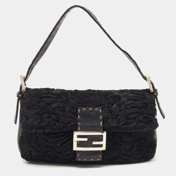 Pre Owned Fendi Black Selleria Leather and Astrakhan Fur Baguette Bag