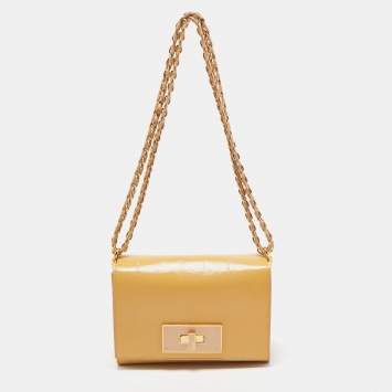 Pre Owned Fendi Yellow Pequin Patent Leather Claudia Shoulder Bag