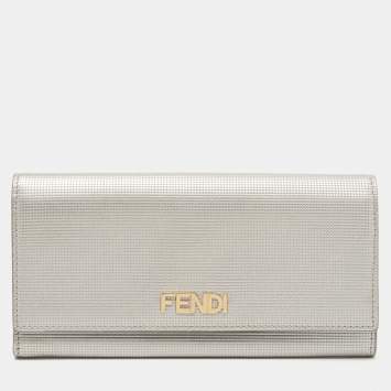 Pre Owned Fendi Silver Textured Leather Logo Flap Continental Wallet